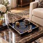 Ramadan Decorative Glass Serving Tray – Blue Calligraphy Medallion glass serving tray shown in a second styled room scene.