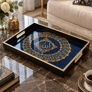 Ramadan Decorative Glass Serving Tray – Blue Calligraphy Medallion glass serving tray shown in a product view.
