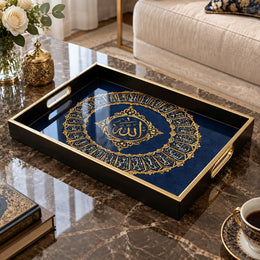 Ramadan Decorative Glass Serving Tray – Blue Calligraphy Medallion glass serving tray shown in a product view.