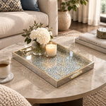 Ramadan Decorative Glass Serving Tray – Blue Teal Geometric Panel glass serving tray shown in a second styled room scene.