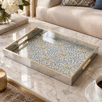 Ramadan Decorative Glass Serving Tray – Blue Teal Geometric Panel glass serving tray shown in a product view.