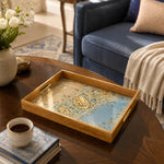 Ramadan Decorative Glass Serving Tray – Pale Blue Floral Panel glass serving tray shown in a first styled room scene.