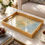 Ramadan Decorative Glass Serving Tray – Pale Blue Floral Panel glass serving tray shown in a product view.