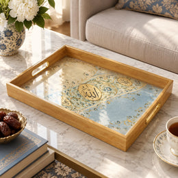 Ramadan Decorative Glass Serving Tray – Pale Blue Floral Panel glass serving tray shown in a product view.