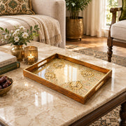 Ramadan Decorative Glass Serving Tray – Cream Pink Floral Panel glass serving tray shown in a first styled room scene.