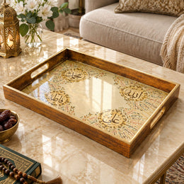 Ramadan Decorative Glass Serving Tray – Cream Pink Floral Panel glass serving tray shown in a product view.