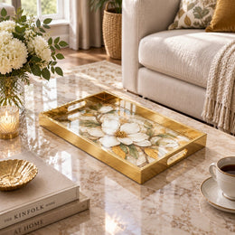 Daily Decorative Glass Serving Tray – Teal Magnolia Medallion glass serving tray shown in a first styled room scene.