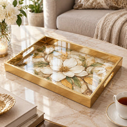 Daily Decorative Glass Serving Tray – Teal Magnolia Medallion glass serving tray shown in a product view.