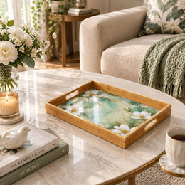 Daily Decorative Glass Serving Tray – Teal Corner Magnolia glass serving tray shown in a first styled room scene.