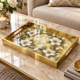 Daily Decorative Glass Serving Tray – Magnolia Gold Wreath glass serving tray shown in a product view.