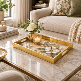 Daily Decorative Glass Serving Tray – Magnolia Petal Cascade glass serving tray shown in a first styled room scene.
