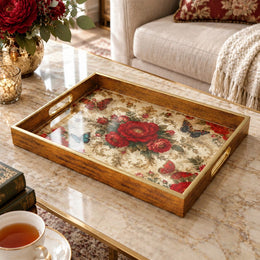 Valentine's Day Decorative Glass Serving Tray – Rose Chintz Bouquet glass serving tray shown in a product view.