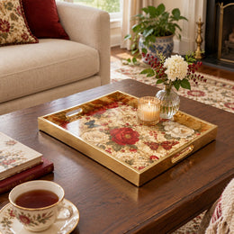Valentine's Day Decorative Glass Serving Tray – Cottage Rose Garden glass serving tray shown in a first styled room scene.
