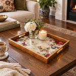 Valentine's Day Decorative Glass Serving Tray – Peony And Rose Sprig glass serving tray shown in a first styled room scene.