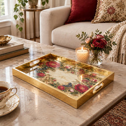 Valentine's Day Decorative Glass Serving Tray – Rose Trellis Bloom glass serving tray shown in a first styled room scene.