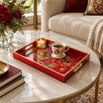 Valentine's Day Decorative Glass Serving Tray – Crimson Rose Allover glass serving tray shown in a first styled room scene.