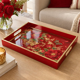 Valentine's Day Decorative Glass Serving Tray – Crimson Rose Allover glass serving tray shown in a product view.