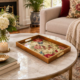 Valentine's Day Decorative Glass Serving Tray – Butterfly Rose Bloom glass serving tray shown in a first styled room scene.
