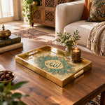 Ramadan Decorative Glass Serving Tray – Gold Teal Calligraphy glass serving tray shown in a first styled room scene.