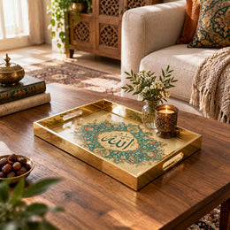 Ramadan Decorative Glass Serving Tray – Gold Teal Calligraphy glass serving tray shown in a first styled room scene.