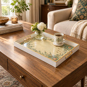 Ramadan Decorative Glass Serving Tray – Teal Coral Floral Frame glass serving tray shown in a first styled room scene.