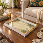 Ramadan Decorative Glass Serving Tray – Teal Coral Floral Frame glass serving tray shown in a second styled room scene.