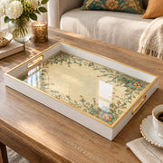 Ramadan Decorative Glass Serving Tray – Teal Coral Floral Frame glass serving tray shown in a product view.