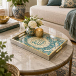 Ramadan Decorative Glass Serving Tray – Pale Blue Calligraphy glass serving tray shown in a second styled room scene.