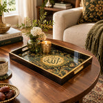 Ramadan Decorative Glass Serving Tray – Black Gold Calligraphy glass serving tray shown in a first styled room scene.
