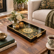 Ramadan Decorative Glass Serving Tray – Black Gold Calligraphy glass serving tray shown in a second styled room scene.