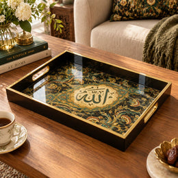 Ramadan Decorative Glass Serving Tray – Black Gold Calligraphy glass serving tray shown in a product view.