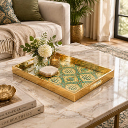 Ramadan Decorative Glass Serving Tray – Teal Ogee Calligraphy glass serving tray shown in a first styled room scene.