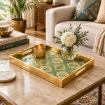 Ramadan Decorative Glass Serving Tray – Teal Ogee Calligraphy glass serving tray shown in a second styled room scene.