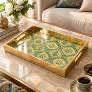 Ramadan Decorative Glass Serving Tray – Teal Ogee Calligraphy glass serving tray shown in a product view.