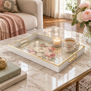 Valentine's Day Decorative Glass Serving Tray – Pink Rose Oval glass serving tray shown in a first styled room scene.