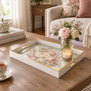 Valentine's Day Decorative Glass Serving Tray – Pink Rose Oval glass serving tray shown in a second styled room scene.