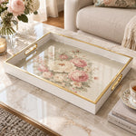 Valentine's Day Decorative Glass Serving Tray – Pink Rose Oval glass serving tray shown in a product view.