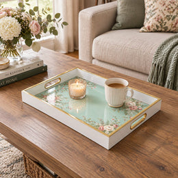 Valentine's Day Decorative Glass Serving Tray – Mint Rose Garland glass serving tray shown in a first styled room scene.