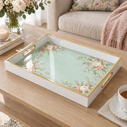Valentine's Day Decorative Glass Serving Tray – Mint Rose Garland glass serving tray shown in a product view.