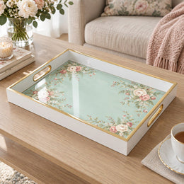 Valentine's Day Decorative Glass Serving Tray – Mint Rose Garland glass serving tray shown in a product view.