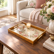 Valentine's Day Decorative Glass Serving Tray – Rose Wreath Cream glass serving tray shown in a first styled room scene.
