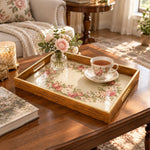 Valentine's Day Decorative Glass Serving Tray – Rose Wreath Cream glass serving tray shown in a second styled room scene.