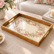 Valentine's Day Decorative Glass Serving Tray – Rose Wreath Cream glass serving tray shown in a product view.