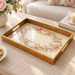 Valentine's Day Decorative Glass Serving Tray – Rose Wreath Cream glass serving tray shown in a product view.