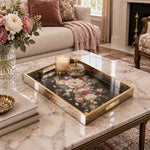 Valentine's Day Decorative Glass Serving Tray – Noir Rose Posy glass serving tray shown in a first styled room scene.