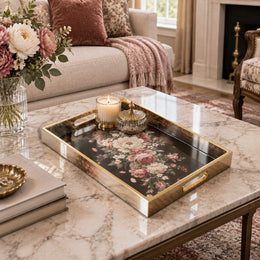Valentine's Day Decorative Glass Serving Tray – Noir Rose Posy glass serving tray shown in a first styled room scene.