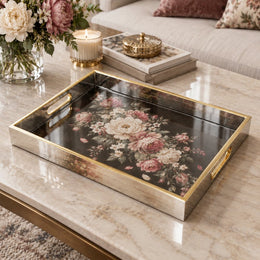 Valentine's Day Decorative Glass Serving Tray – Noir Rose Posy glass serving tray shown in a product view.