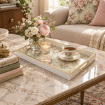 Valentine's Day Decorative Glass Serving Tray – Mint Lattice Rose glass serving tray shown in a first styled room scene.