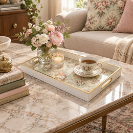 Valentine's Day Decorative Glass Serving Tray – Mint Lattice Rose glass serving tray shown in a first styled room scene.
