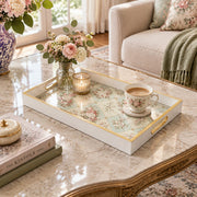 Valentine's Day Decorative Glass Serving Tray – Mint Lattice Rose glass serving tray shown in a second styled room scene.